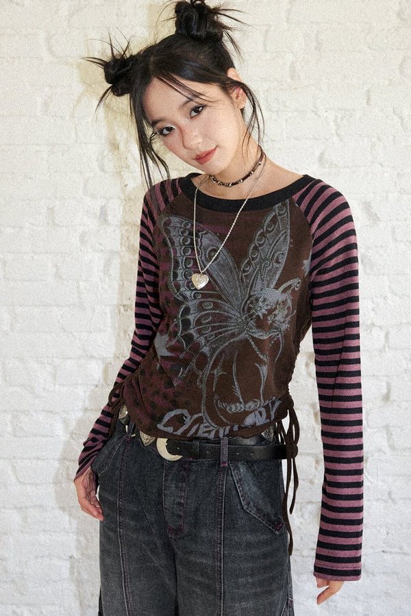 Striped Spliced Raglan Cat Print Top