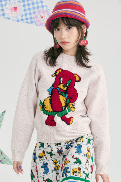 Red Cartoon Bear Raglan Pullover Sweater