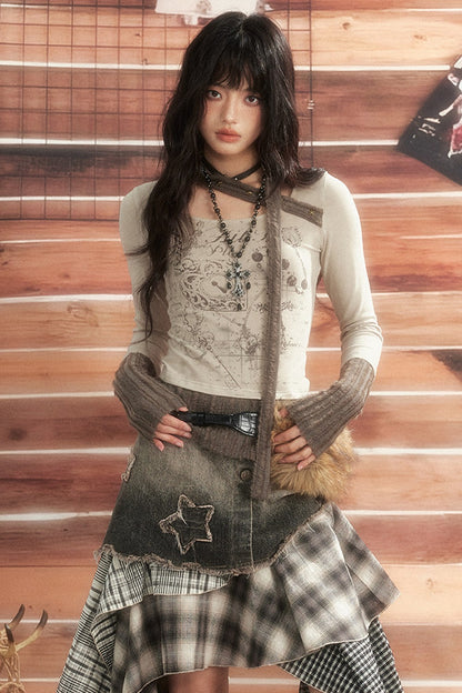 Jupe asymétrique en denim patchwork