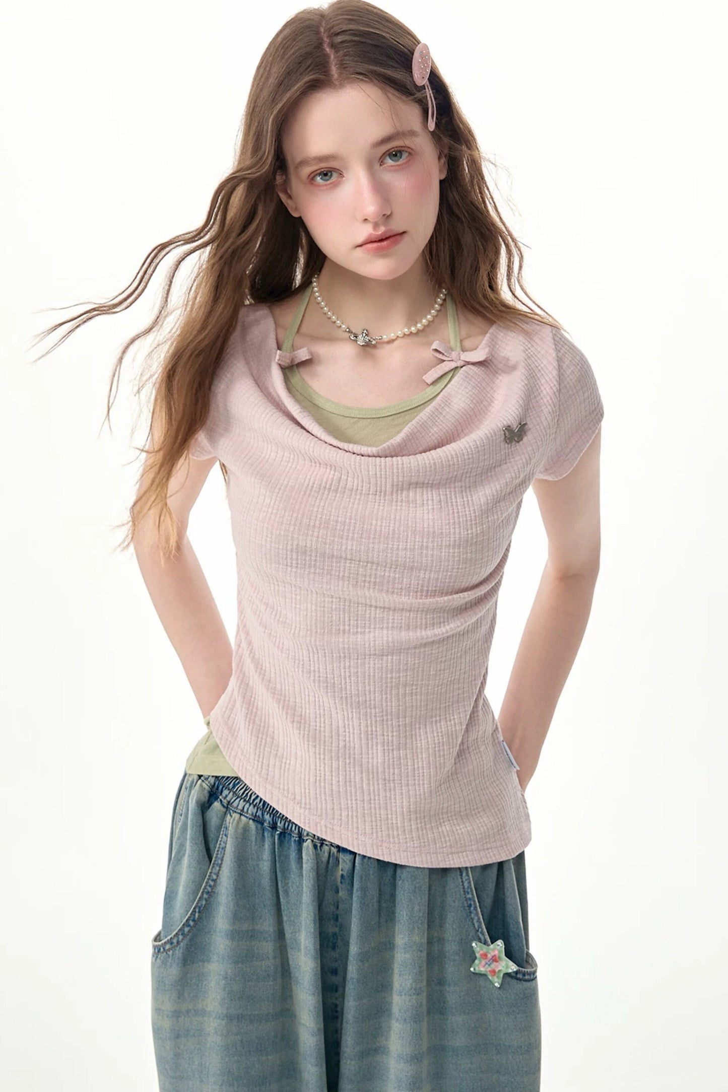 Pink Drape Neck Layered Short Sleeve Top