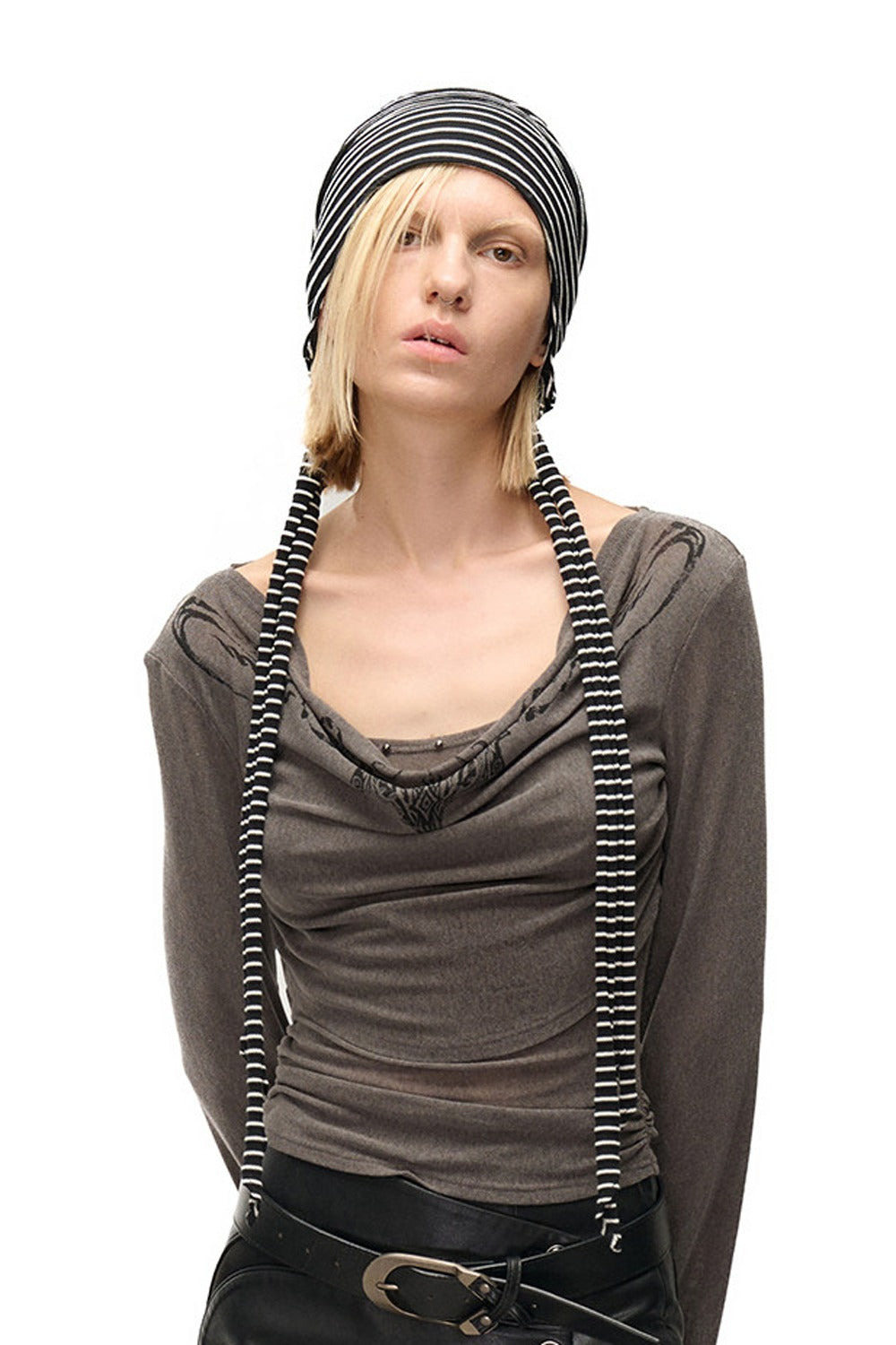 Printed Drape Neck Long-Sleeve T-Shirt