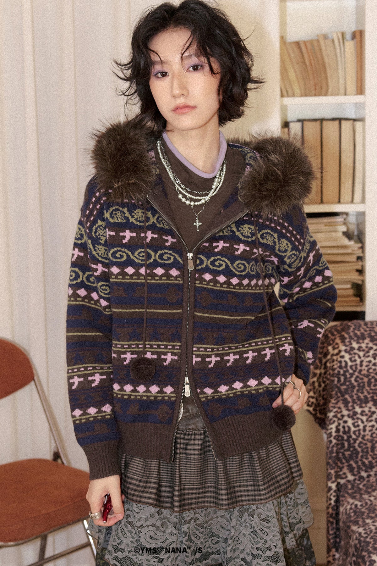 Detachable Fur Collar Fair Isle Hooded Cardigan