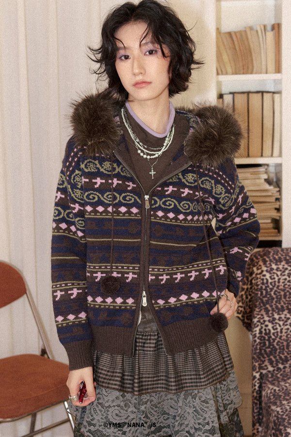 Detachable Fur Collar Fair Isle Hooded Cardigan