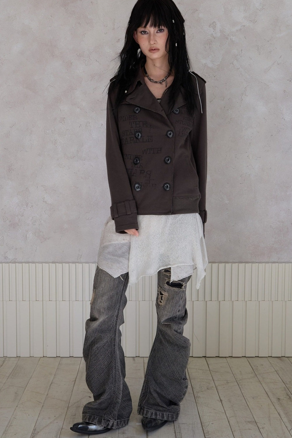 Trench Style Printed Unhemmed Double-Breasted Jacket