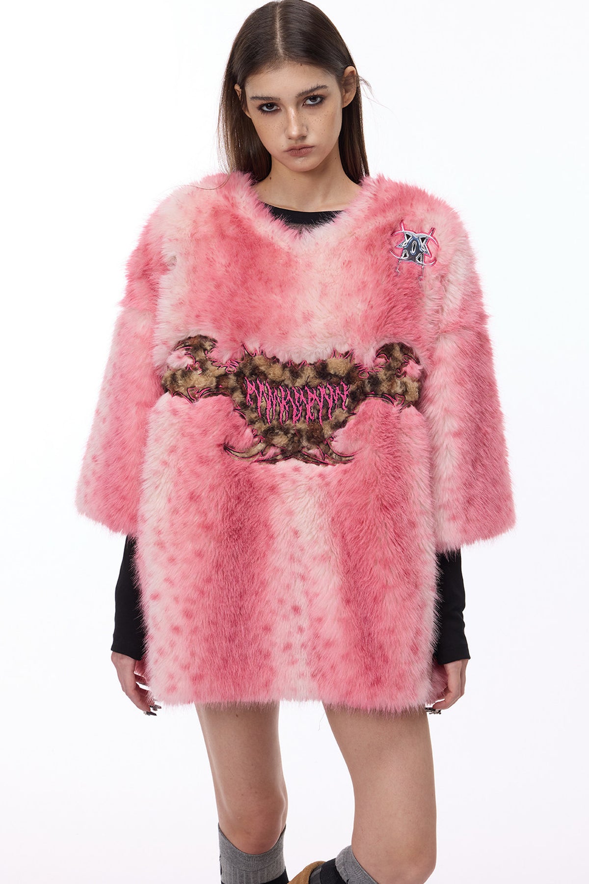 Pink Leopard Heart Embroidered Faux Fur Jacket