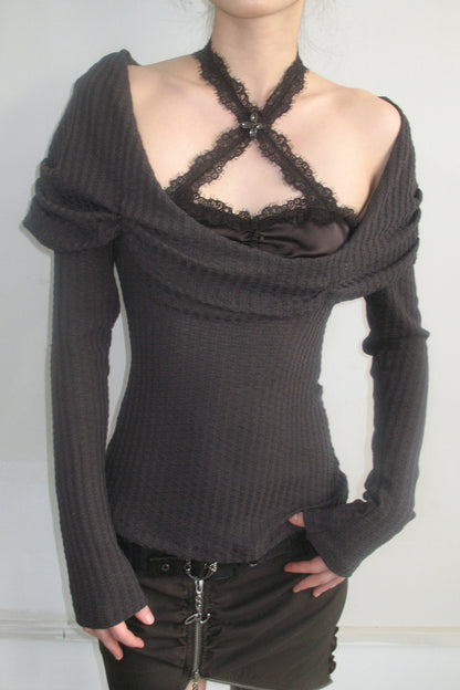 Knit Outerwear With Cross Halter Lace Bra Set