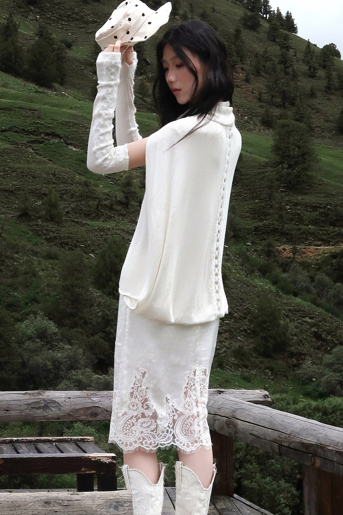 Lace Patchwork Cape Knit Top