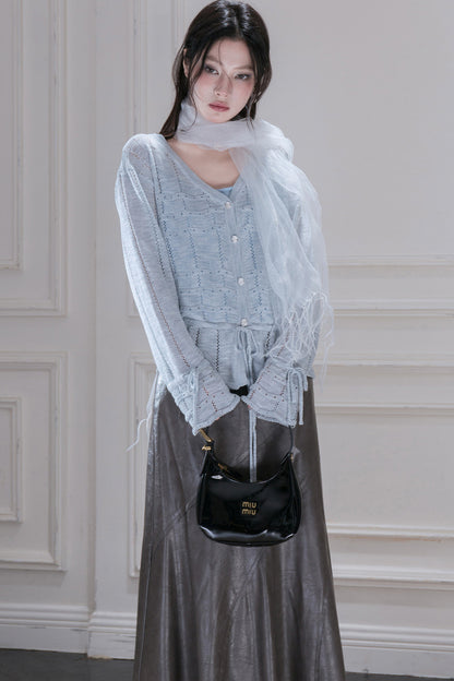 Hollow Drawstring Knit Cardigan Top
