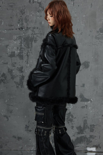 Dark Punk Metal Leather Fur Jacket