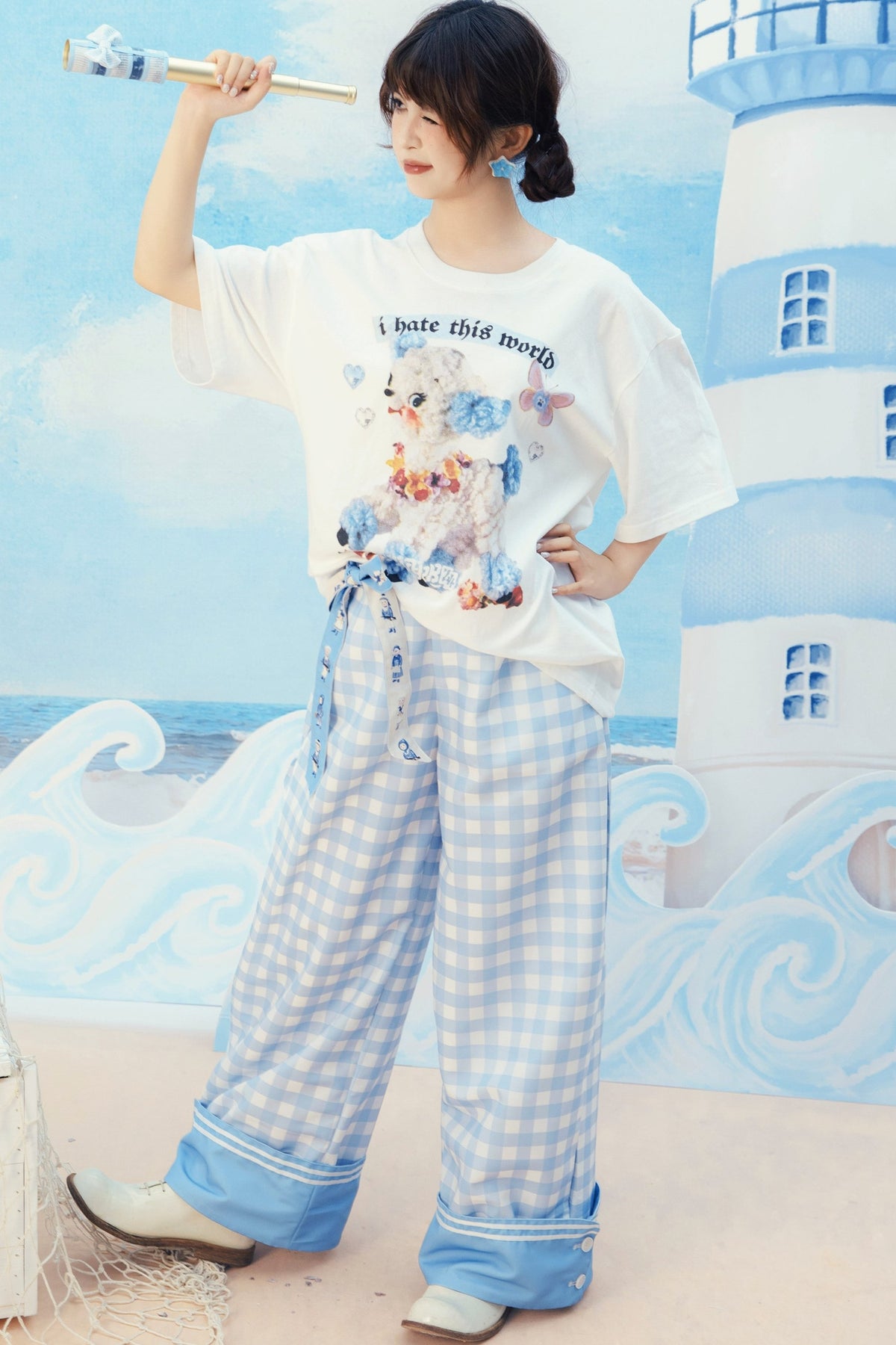 Blue And White Plaid Wide-Leg Pants