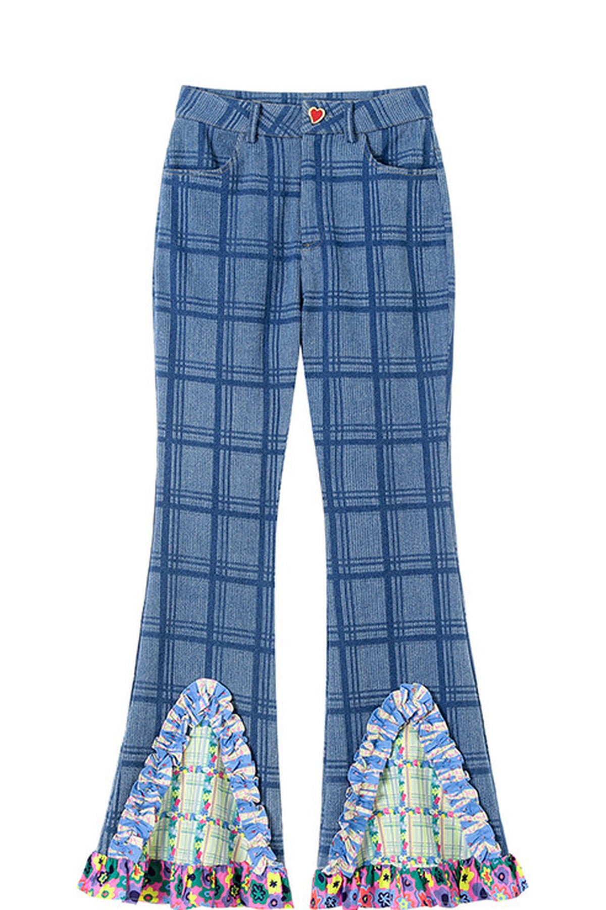 High-Waisted Plaid Patchwork Bell-Bottom Jeans