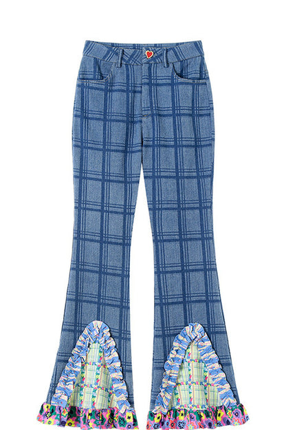 High-Waisted Plaid Patchwork Bell-Bottom Jeans