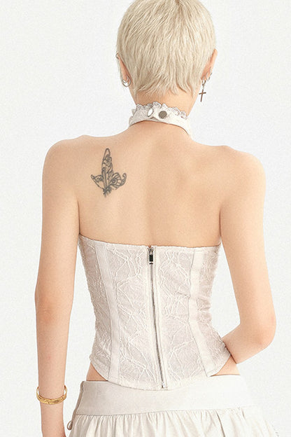Weißes Neckholder-Spitzentop mit geraffter Taille