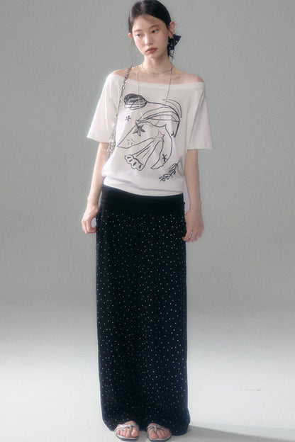 Bird And Tulip Print One-Shoulder Tencel T-Shirt