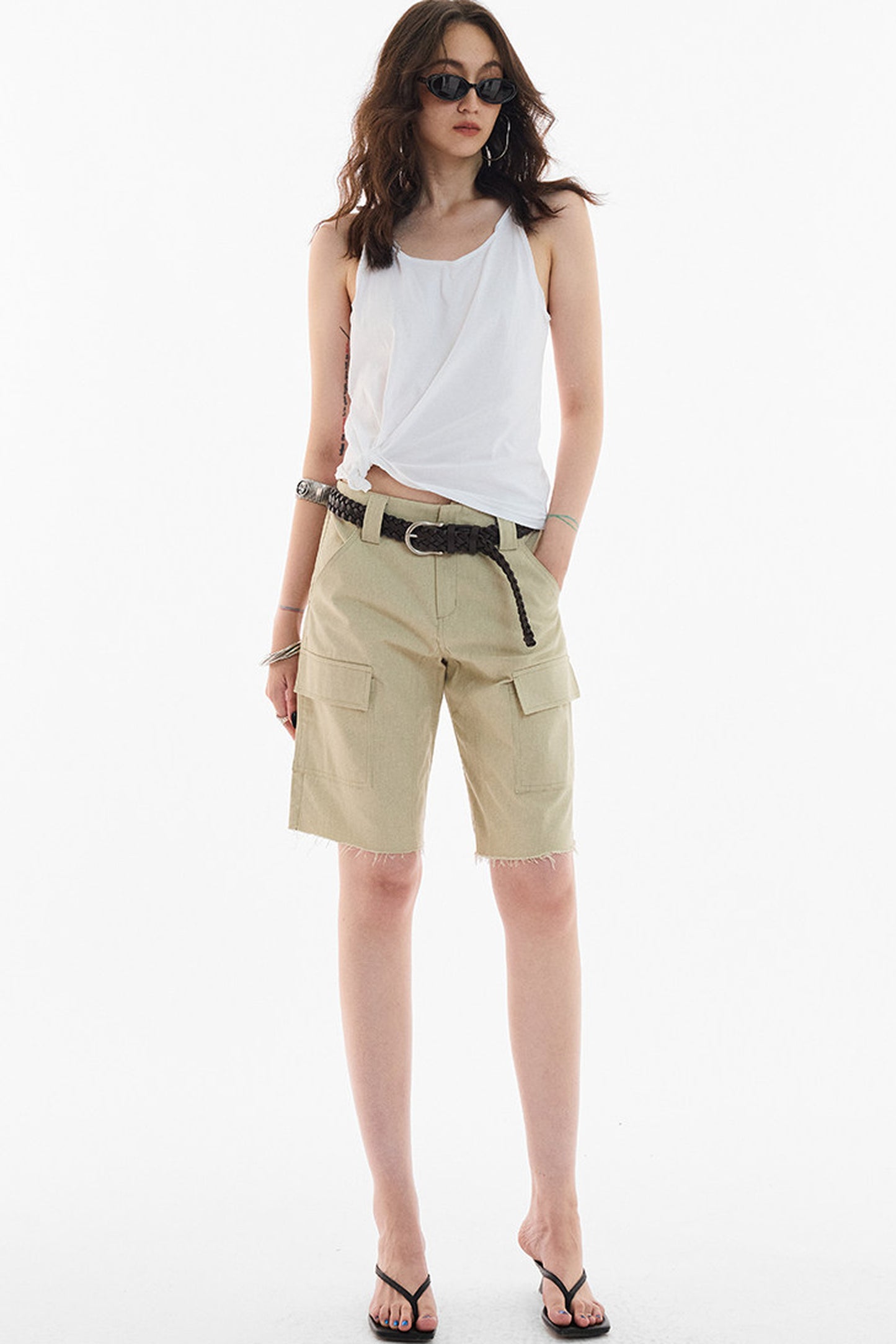 Khaki Workwear Straight-Leg Frayed Hem Pants