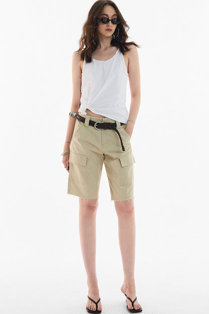 Khaki Workwear Straight-Leg Frayed Hem Pants