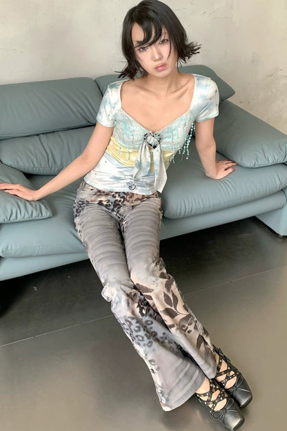 Retro Leopard Floral Flare Pants