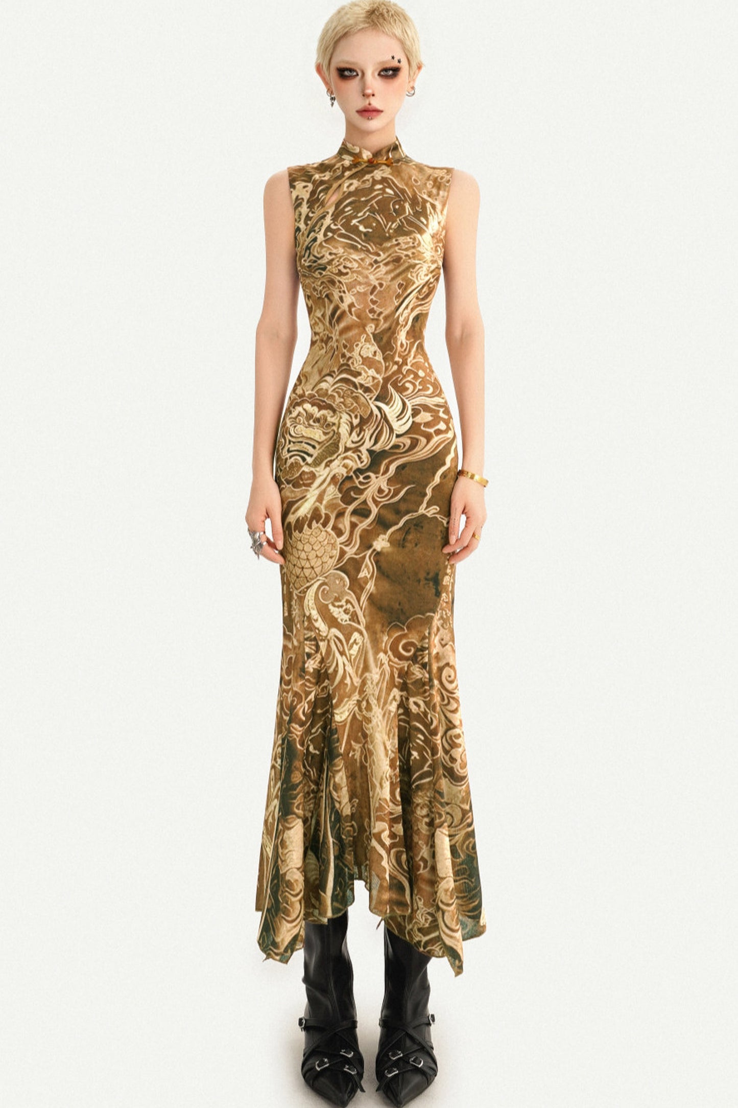 Luxurious Sleeveless Gold Cheongsam Fishtail Dress
