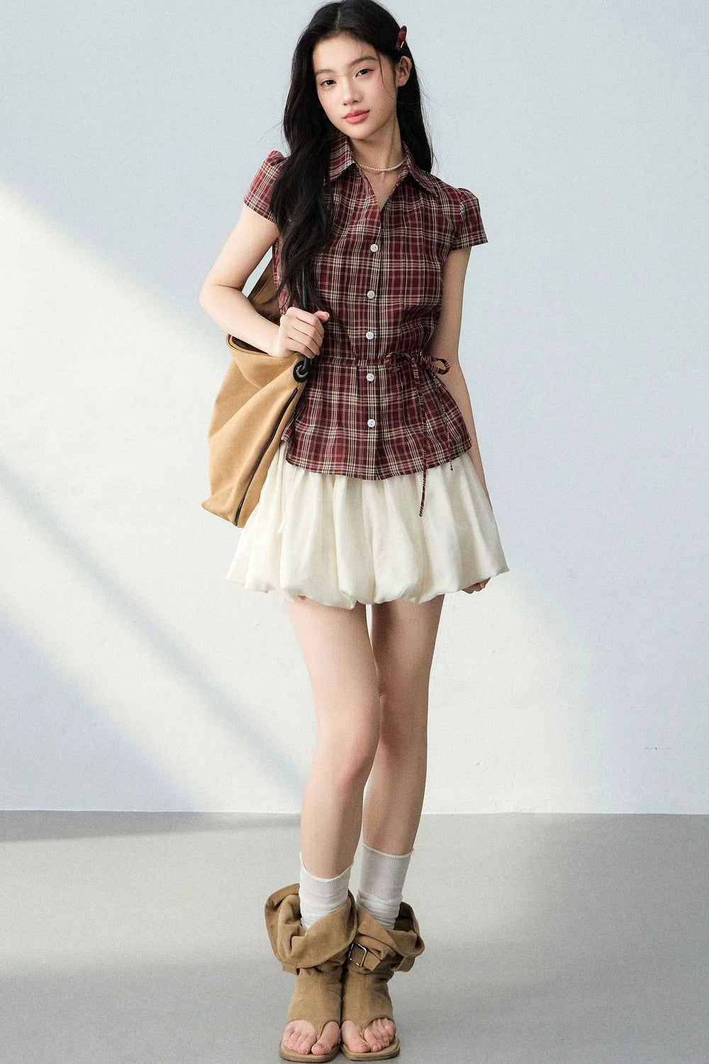 V-Neck Plaid Polka Dot Short Sleeve Shirt Set-Up