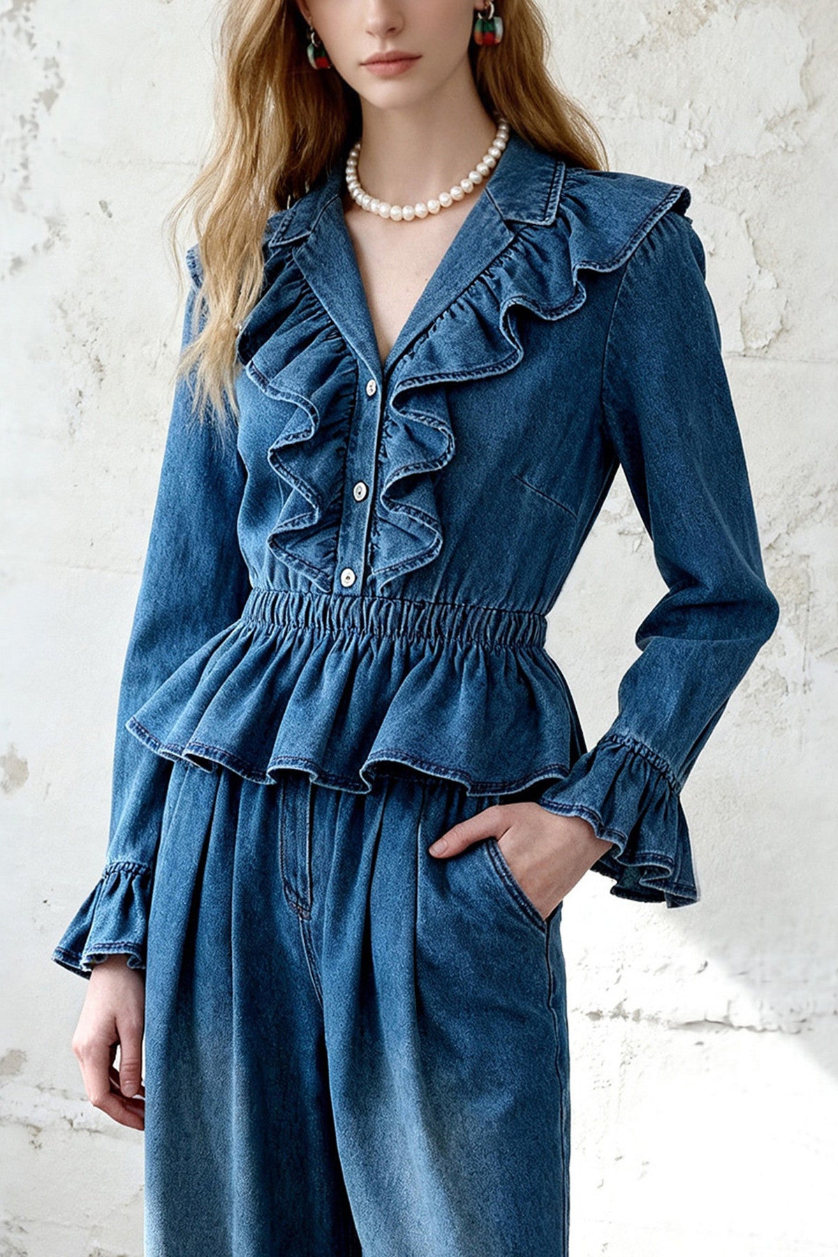 Ruffle Blouse and Wide-Leg Pants Set