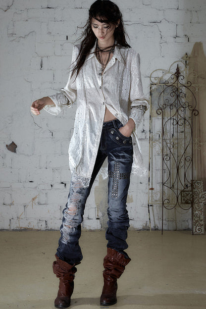 Barocke Satinbluse mit Kettenmuster