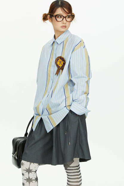 Blue Yellow Contrast Striped Long-Sleeved Shirt
