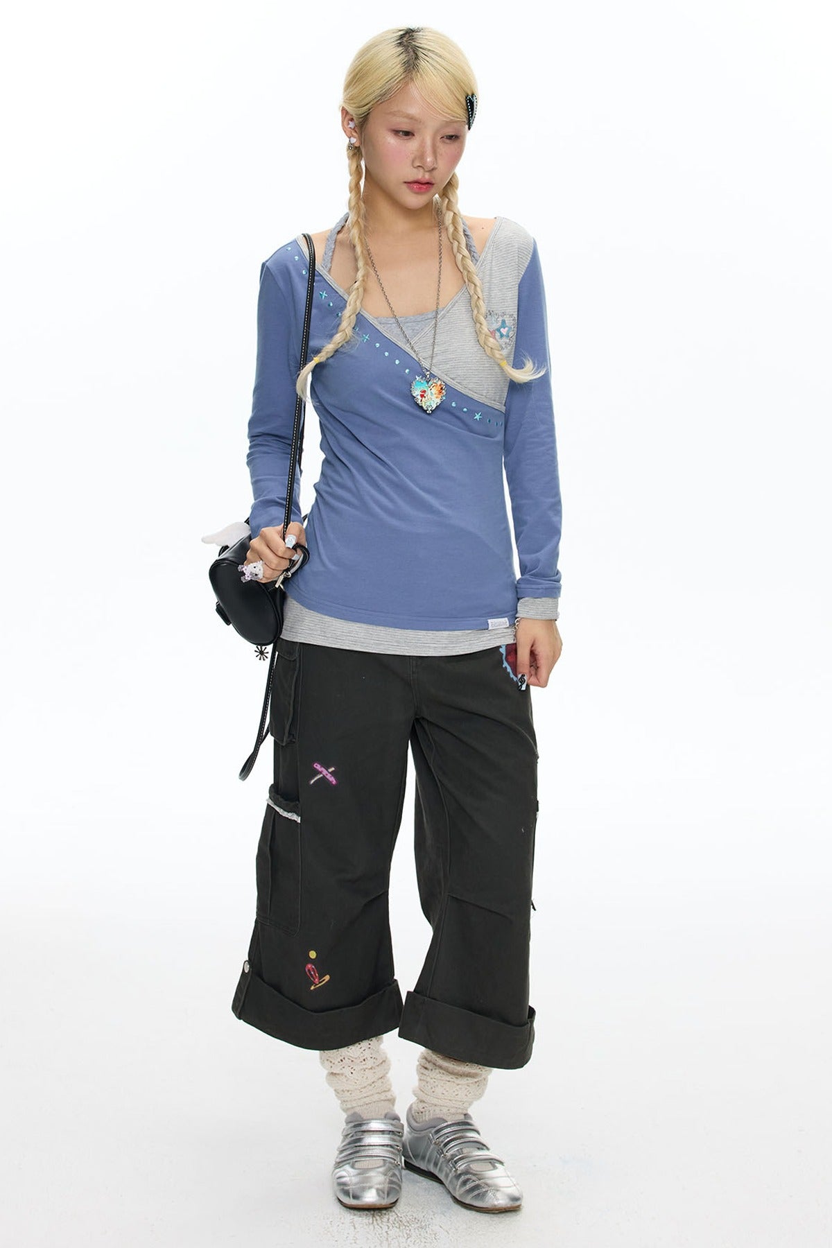 Diagonal Placket Layered-Look T-Shirt