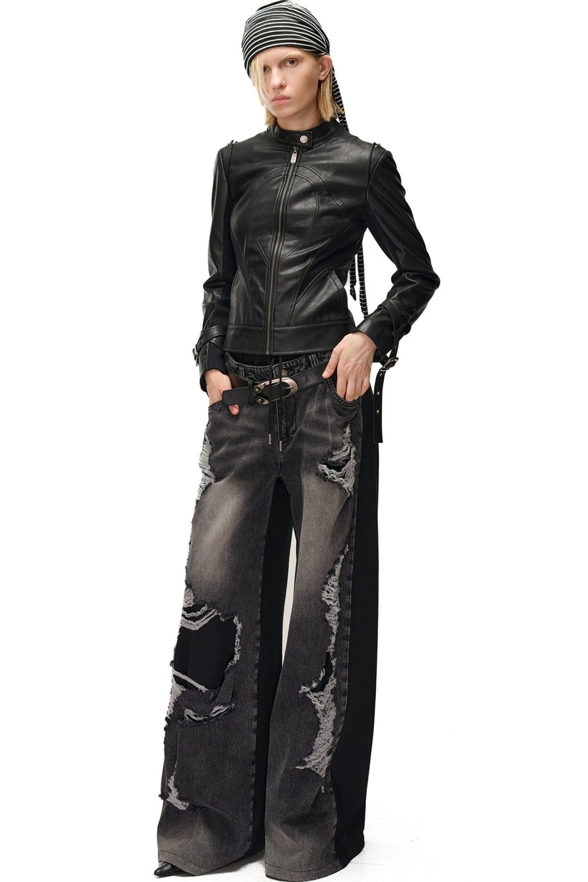 Slim-Fitting Functional Spliced PU Leather Jacket