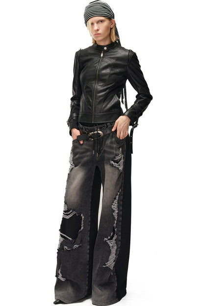 Slim-Fitting Functional Spliced PU Leather Jacket