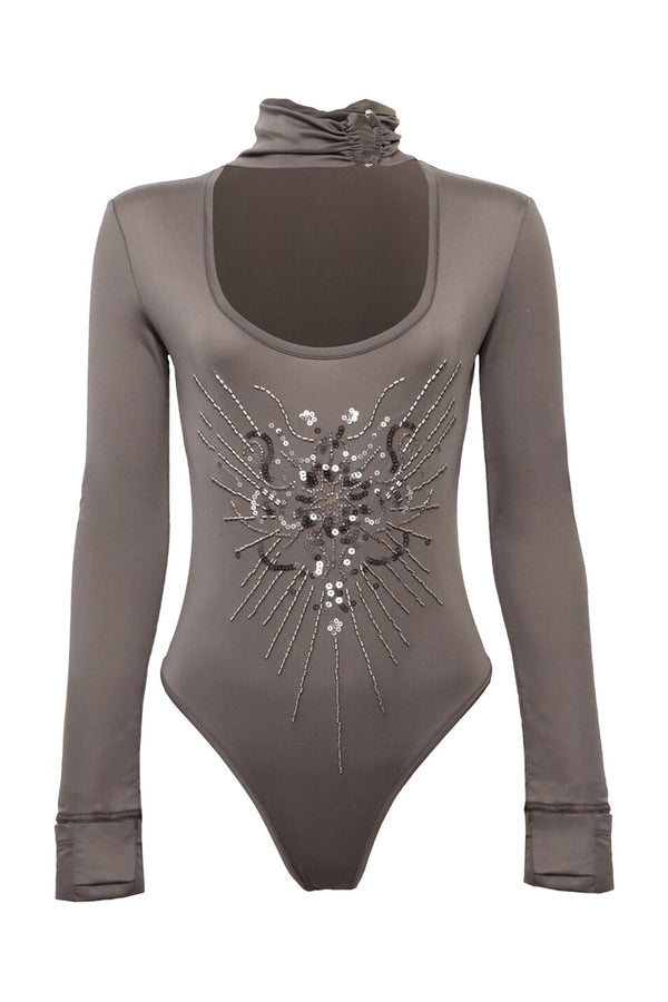 Sequin Embroidered Low-Neck Bodysuit