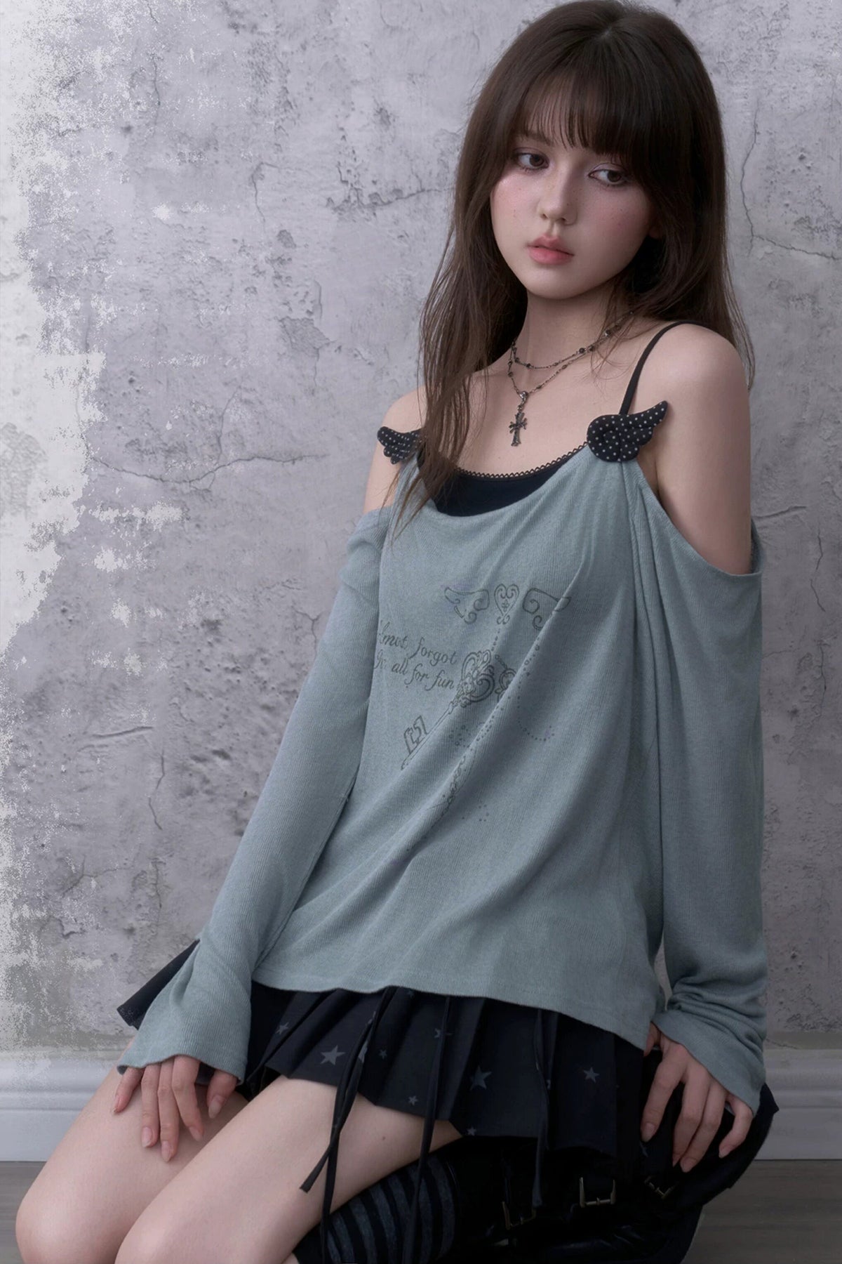 Gray Blue Draped Collar Layered-Look Blouse