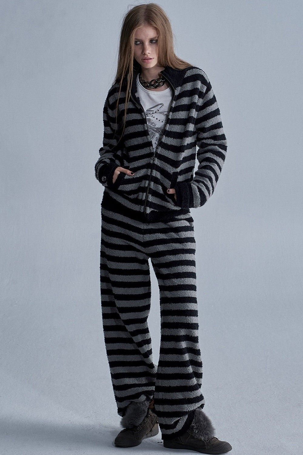 Striped Zip Cardigan and Pants Set