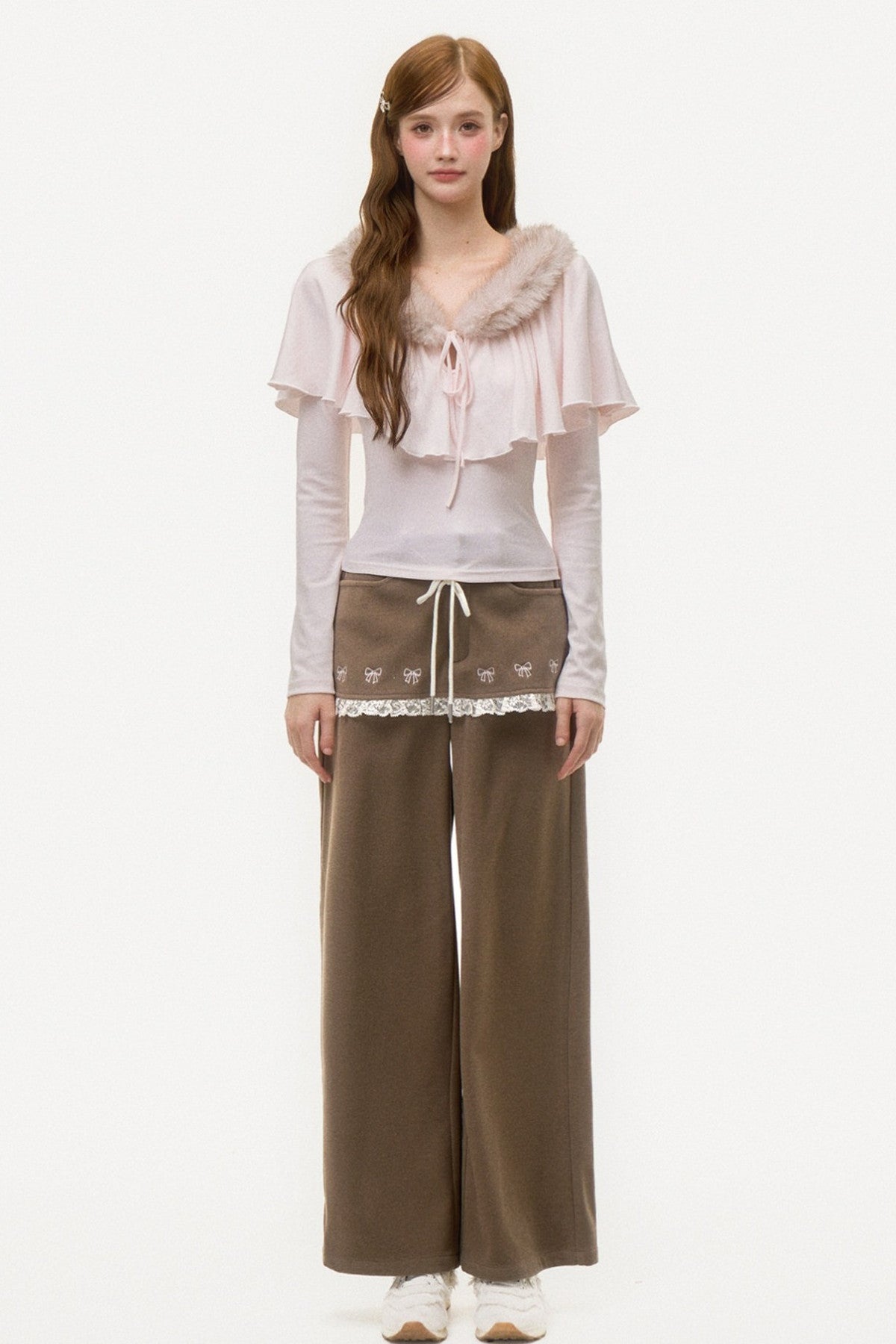 Bow Embroidered Layered-Look Pants