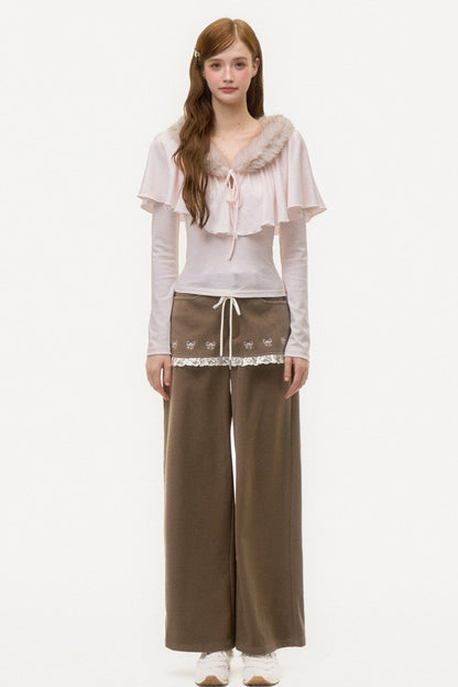 Bow Embroidered Layered-Look Pants