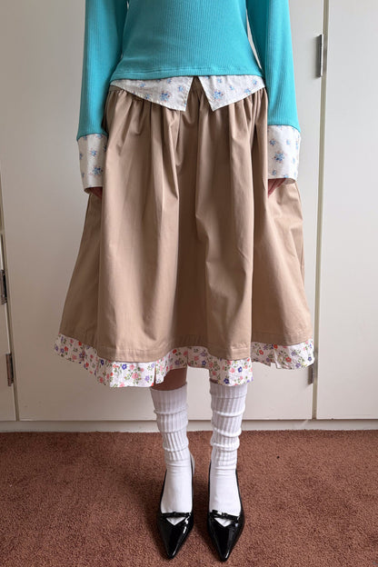 Floral Patchwork Ruched A-Line Skirt