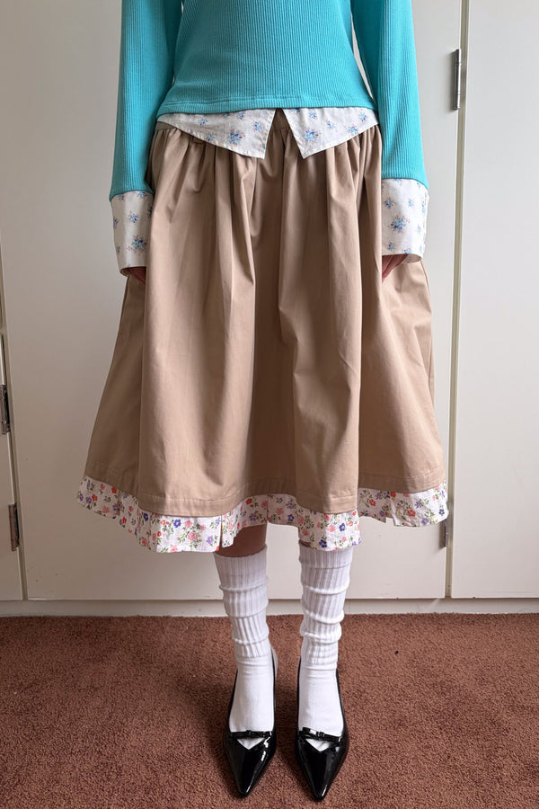 Floral Patchwork Ruched A-Line Skirt
