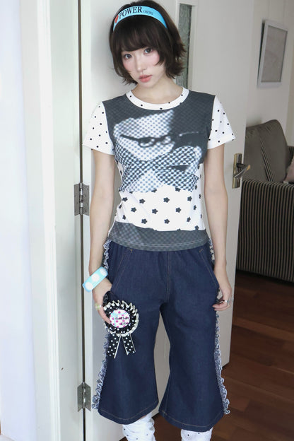 Cat Print Polka Dot T-Shirt