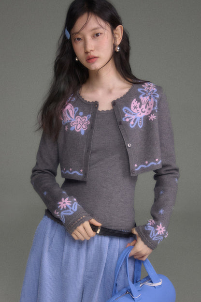 Hawthorn And Birds Jacquard Knit Cardigan And Top Set