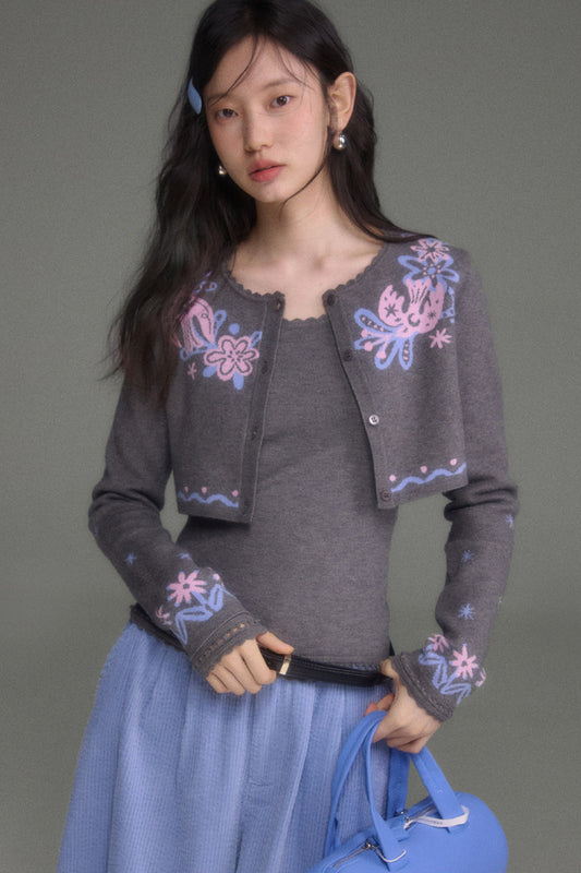 Hawthorn And Birds Jacquard Knit Cardigan And Top Set