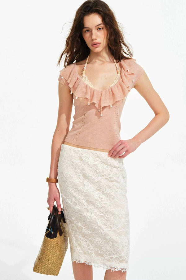 Retro Ruffle V-Neck Linen Knit Top set-Up