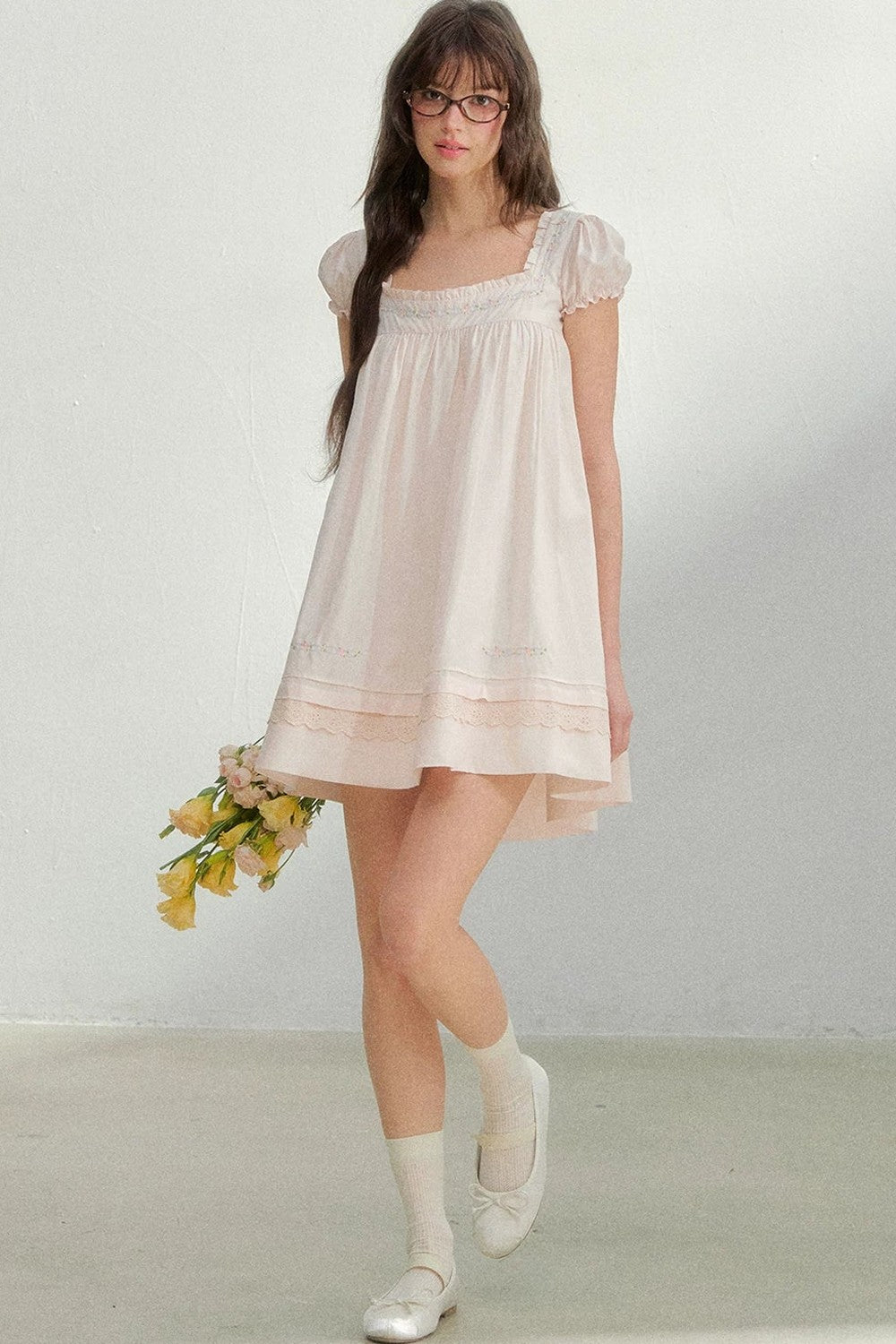Square Neck Lace Embroidery Dress