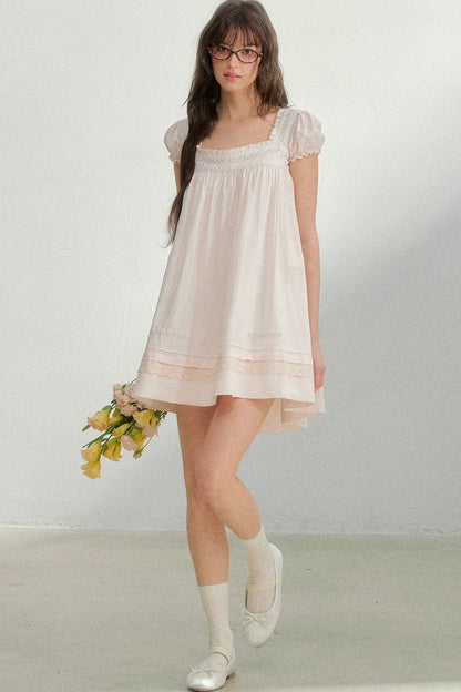 Square Neck Lace Embroidery Dress
