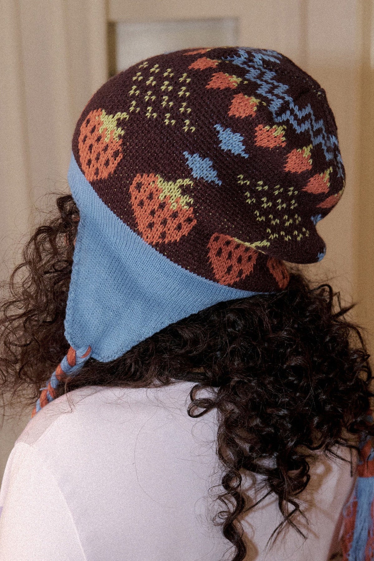Strawberry Knitted Ear Flap Hat With Tassels