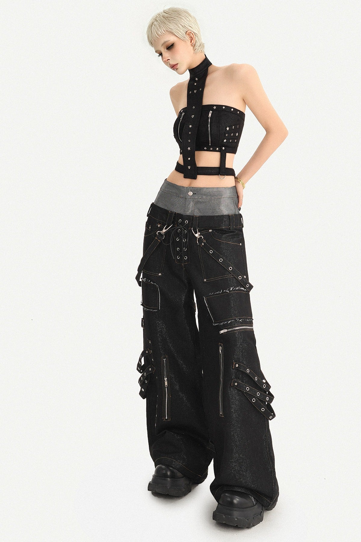 Rivet Zipper Halter Tube Top