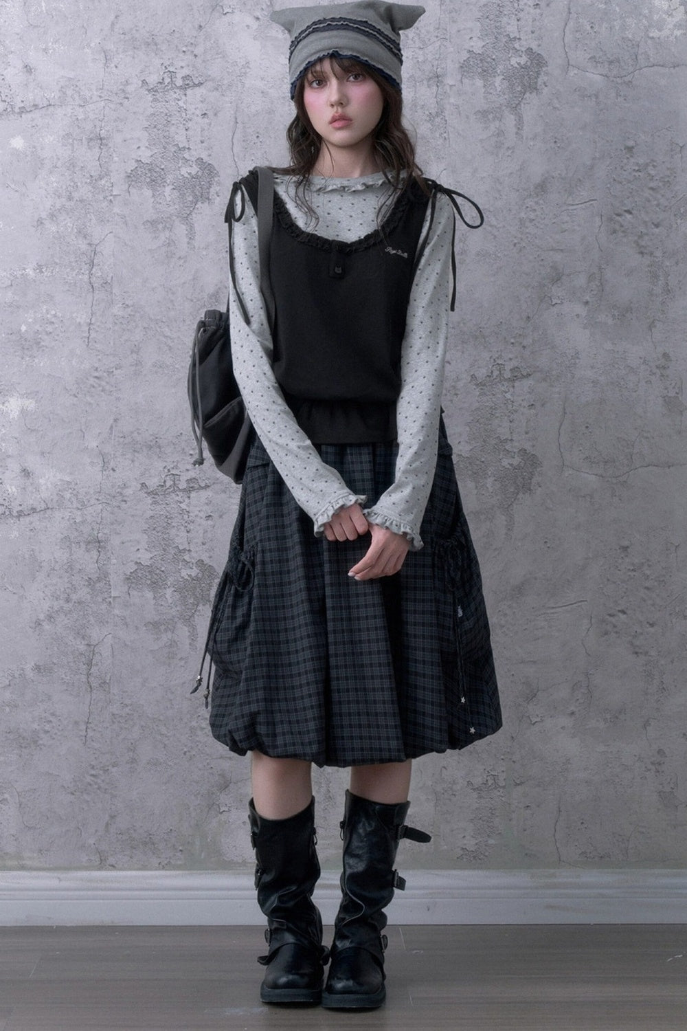 Black Gray Plaid Mid-Length Skirt Set-Up