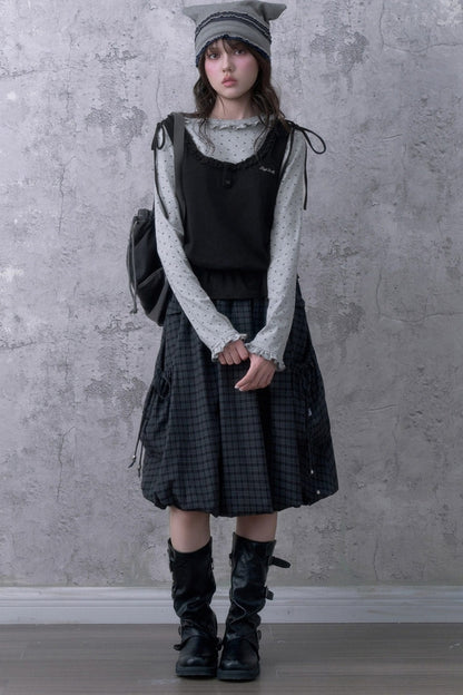 Black Gray Plaid Mid-Length Skirt Set-Up