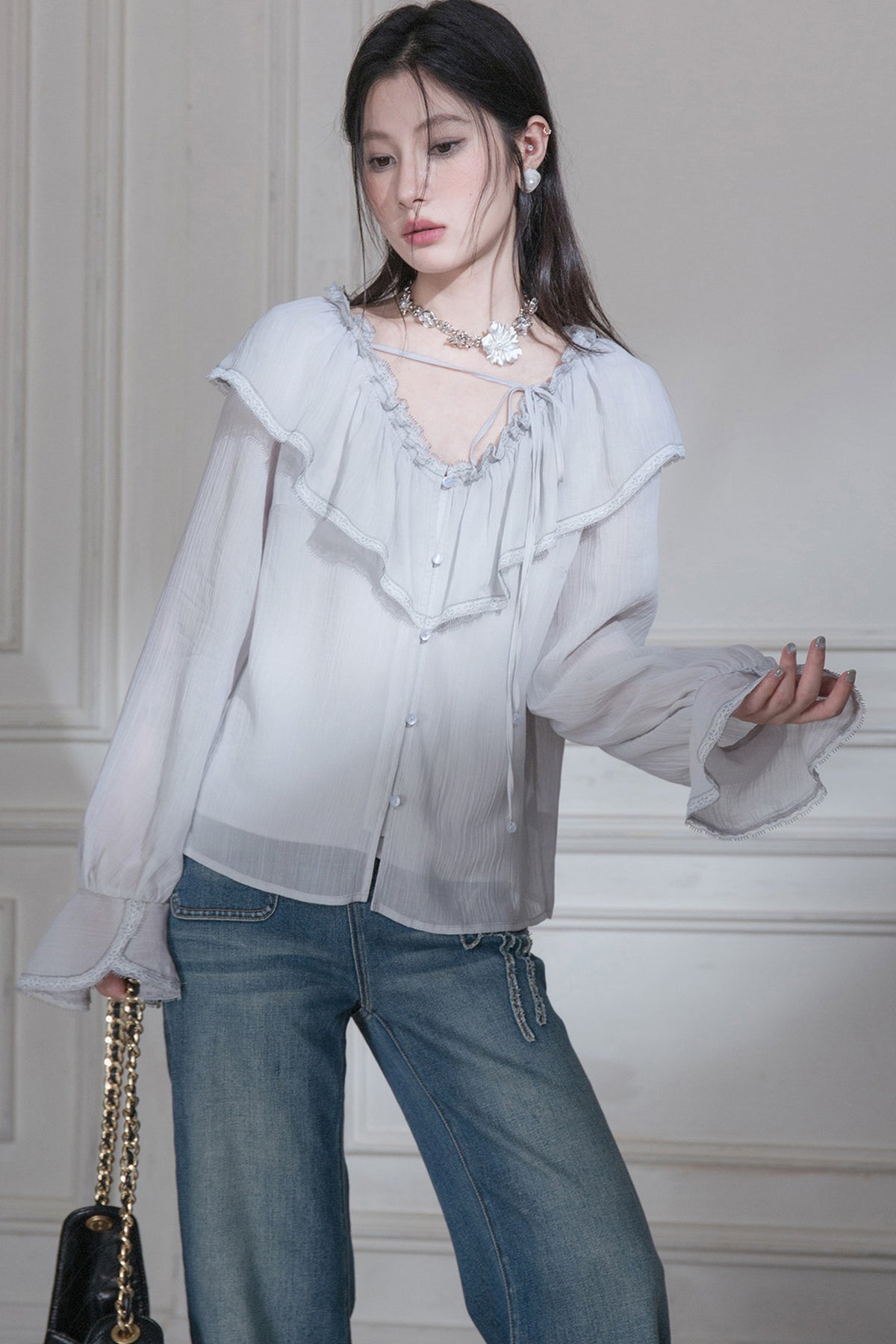 Cloud Wave Collar Chiffon Blouse Set