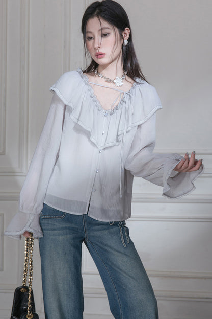 Cloud Wave Collar Chiffon Blouse Set