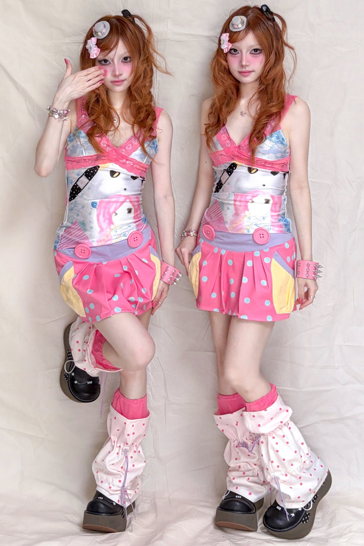 Peach Pink Polka Dot Large Button Low-Waist Skirt