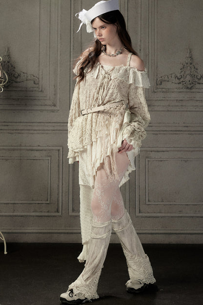 Beige One-Shoulder Lace Trailing Dress